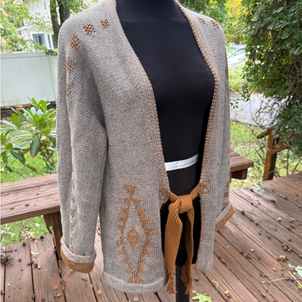 Pendleton Womens Grey Ochre Southwestern Cotton Open Front Belted Cardigan S